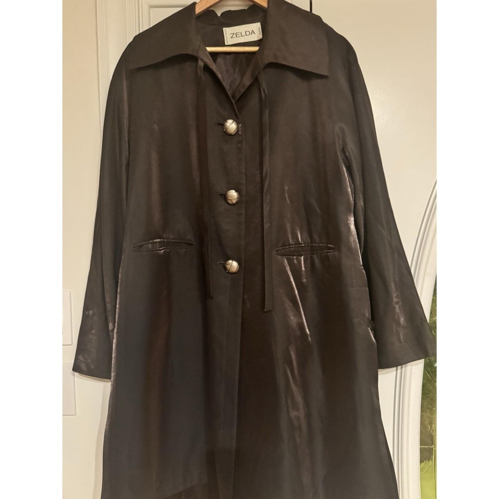 Zelda Paris Vintage Metallic Bronze Black Duster Coat Made in France Tie Neck